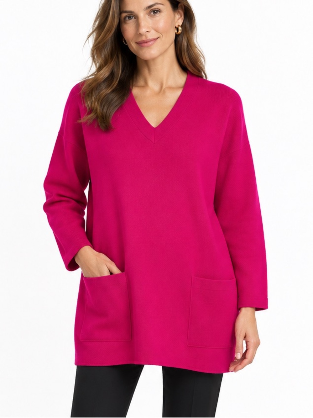 Emanuel by Emanuel Ungaro Lambswool V-neck Tunic Sweater in Hot Pink Sz M